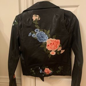 Olivaceous floral faux leather jacket